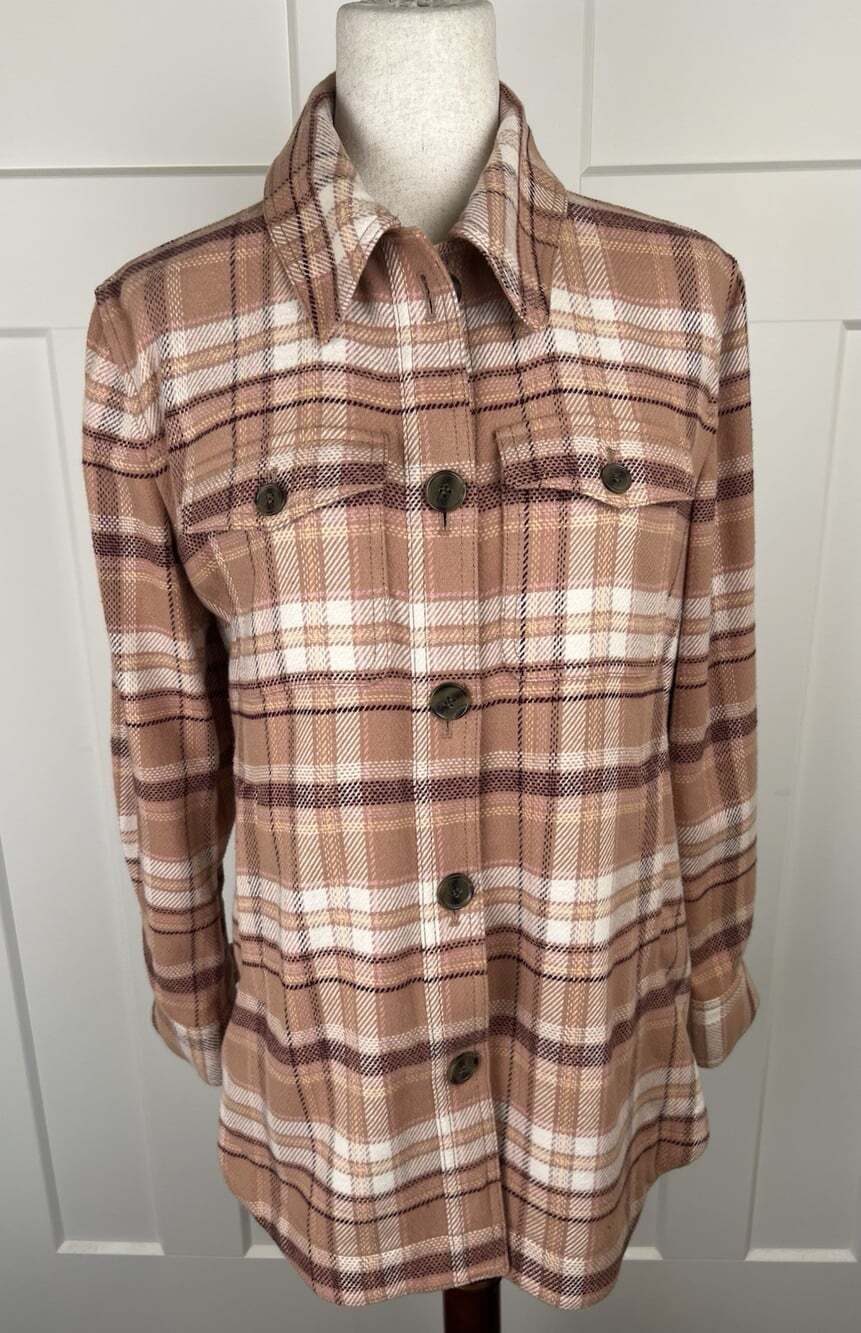 LOFT Plaid Shacket Jacket XS 100% Cotton Pink Mauve Burgundy Fall Oversized